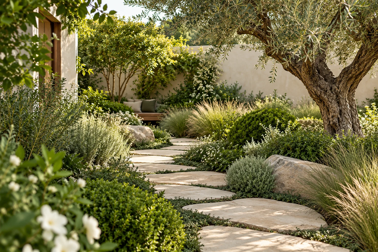 Illustrative garden concept with sandstone path and layered planting